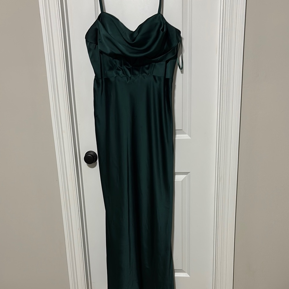 Revelry Satin Green Pleated Gown for Wedding Guest